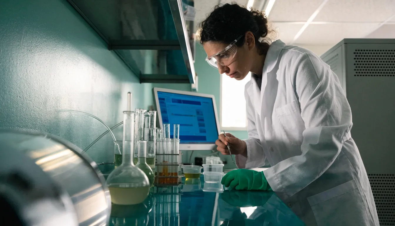 Laboratory technician reviewing a Certificate of Analysis with tested shilajit sample vials in a clean lab setting.
