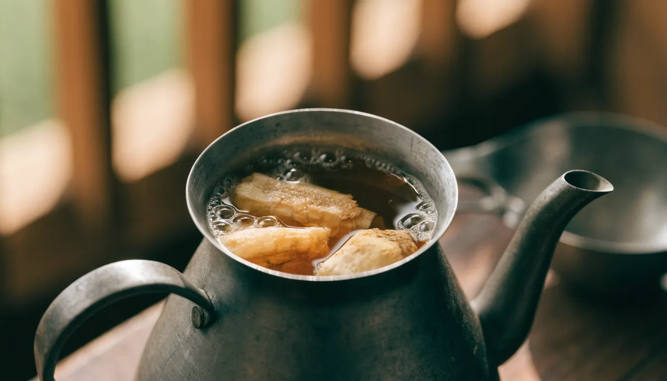 Fresh ginseng root slices simmering gently in a clear glass saucepan on the stove.