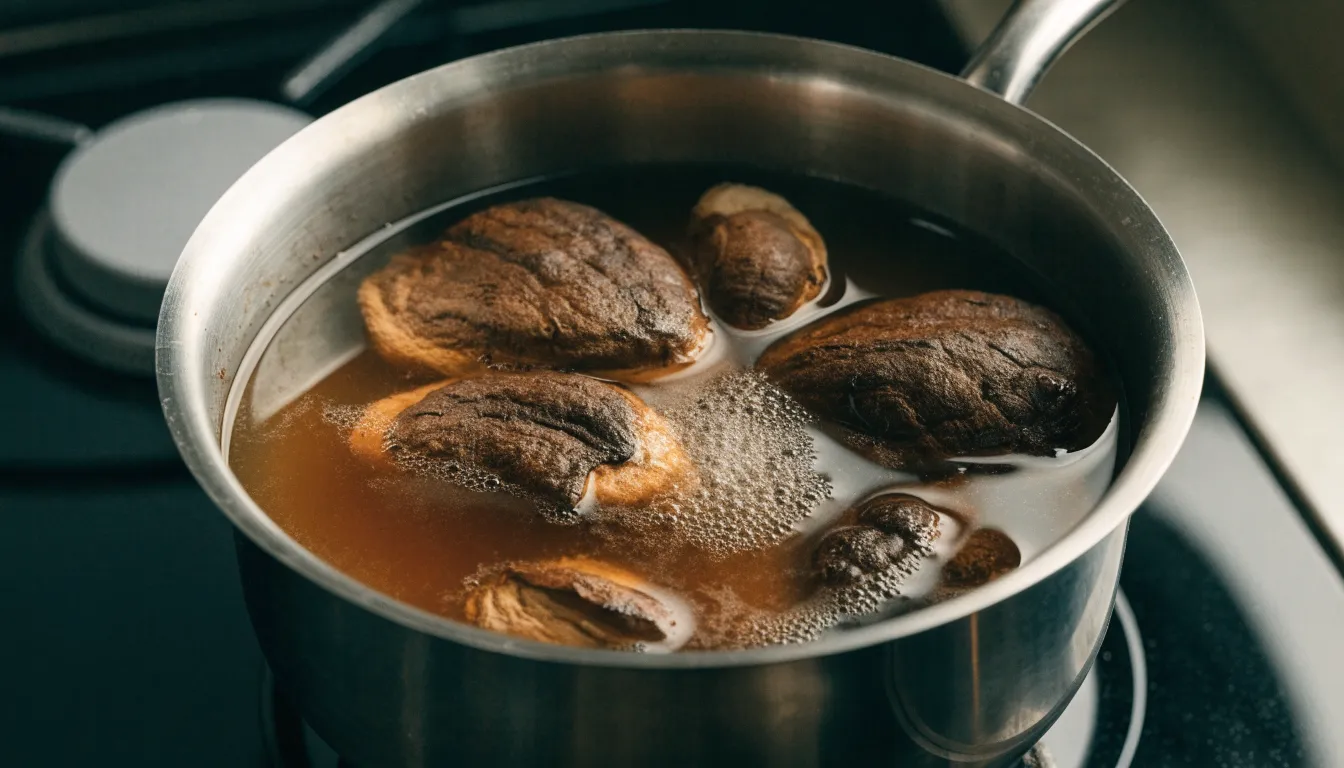 Dried reishi mushroom slices simmering in water on a stove to make homemade reishi tea decoction.