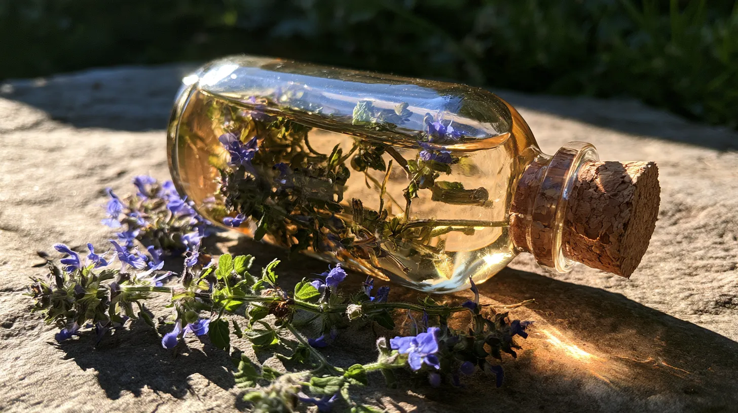 Amber glass tincture dropper bottle filled with liquid skullcap extract next to dried herb leaves.