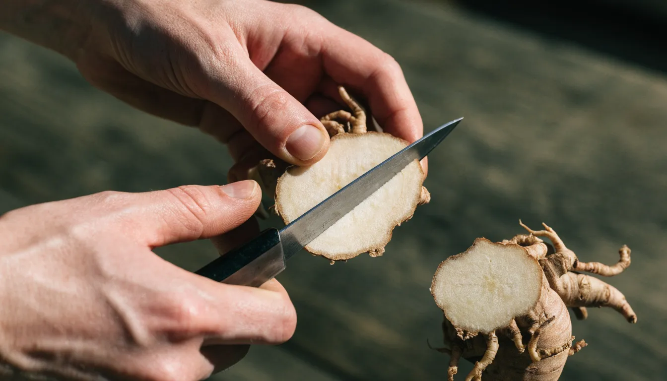Slicing fresh cleaned ginseng root into thin round coins on a wooden cutting board for tea.