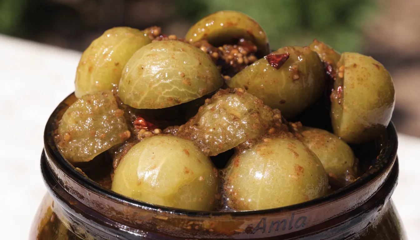 Traditional Indian spicy amla pickle in a glass jar packed with mustard oil and aromatic spices.
