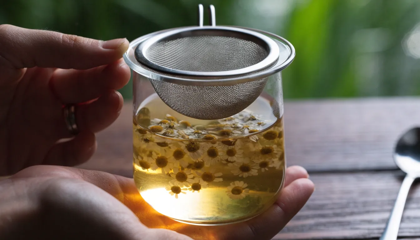 Whole dried chamomile blossoms steeping inside a mesh infuser submerged in hot water.