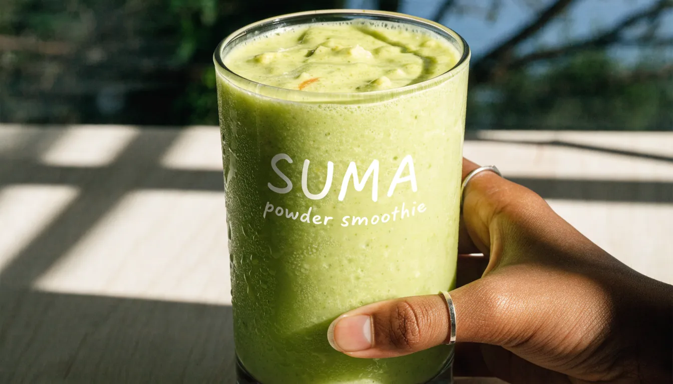 A healthy green banana smoothie blended with a half teaspoon of suma root powder
