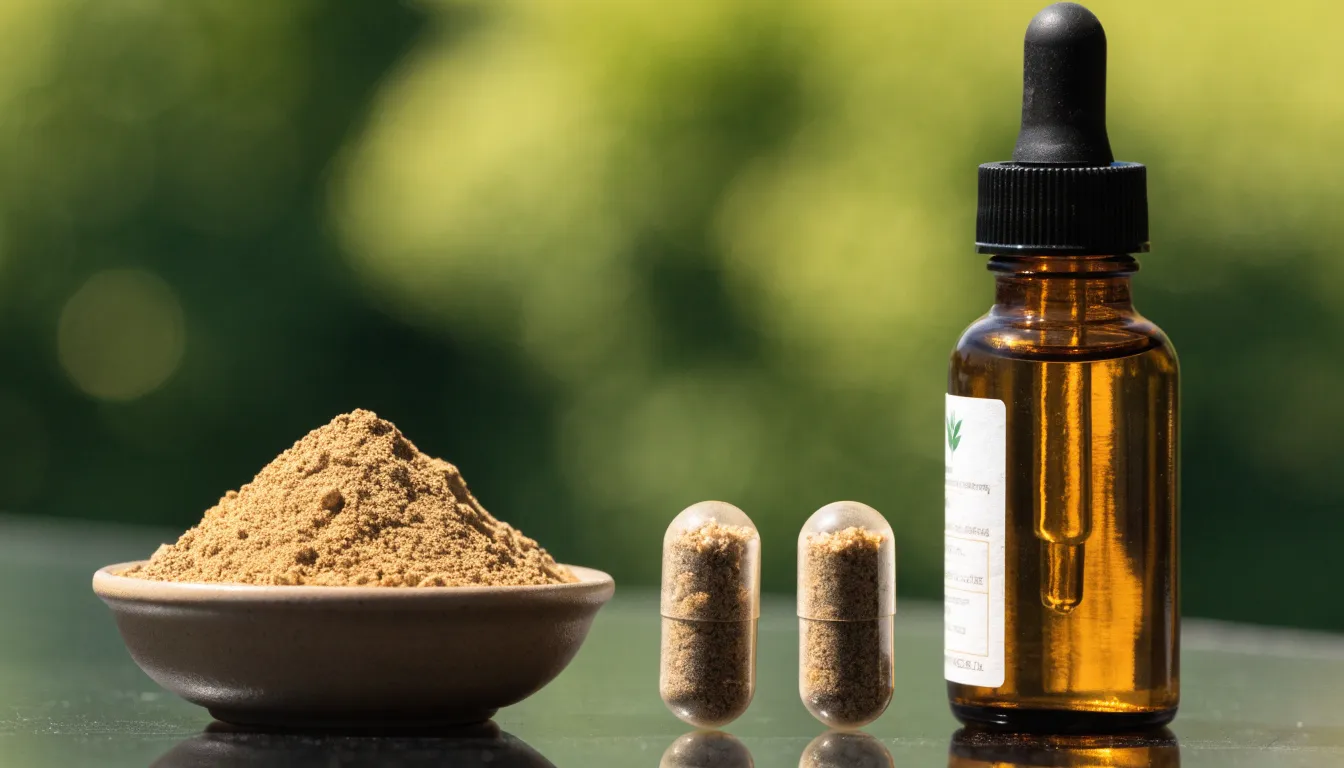 Various forms of suma root supplement including raw brown powder, capsules, and liquid extract tincture