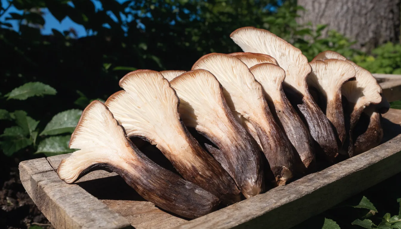Freshly harvested maitake mushroom pieces laid on a wooden board in direct sunlight for UV exposure.