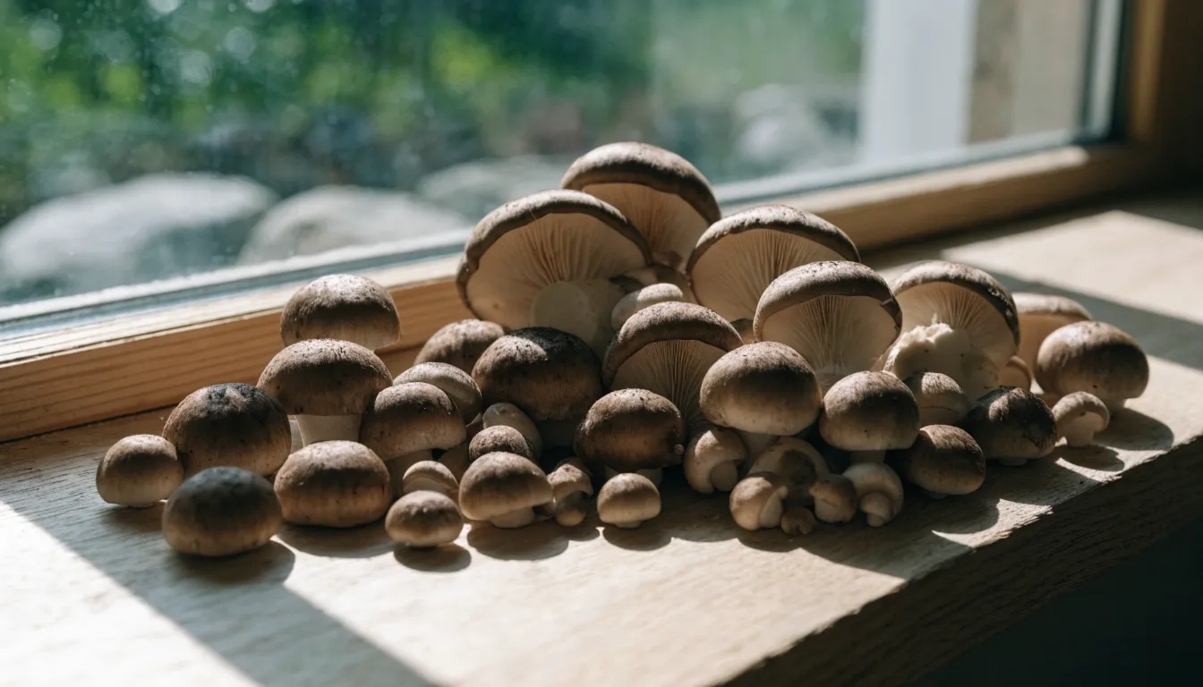 Shiitake mushroom caps drying gill-side up on a sunny windowsill to boost vitamin D2 levels.
