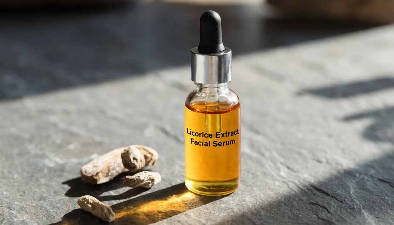 Topical licorice root extract serum bottle with raw herb slices for skincare and redness relief.