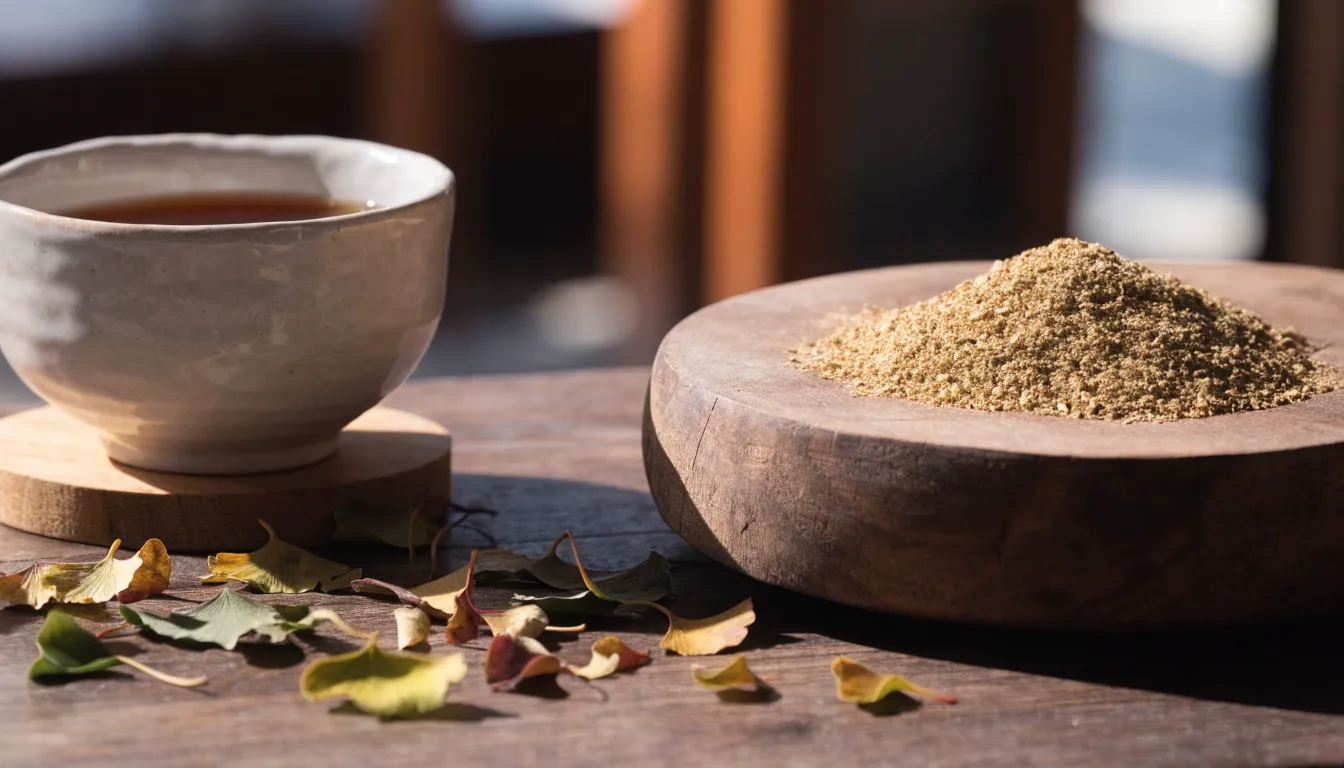 Dried ginkgo leaves and traditional Chinese herbal tea preparation on a rustic wooden table.