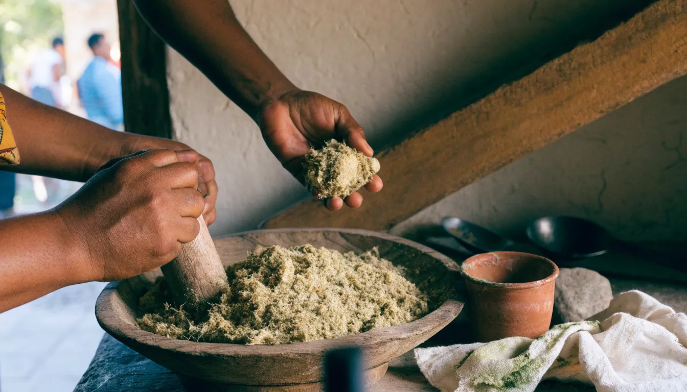 Hands kneading ground kava root in a mesh strainer bag submerged in water to prepare traditional kava drink.