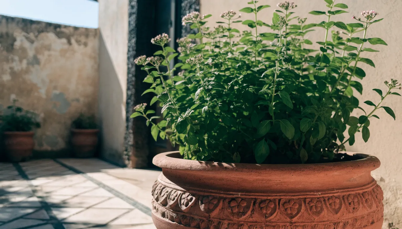 Traditional Indian ceramic courtyard planter containing a lush sacred holy basil plant