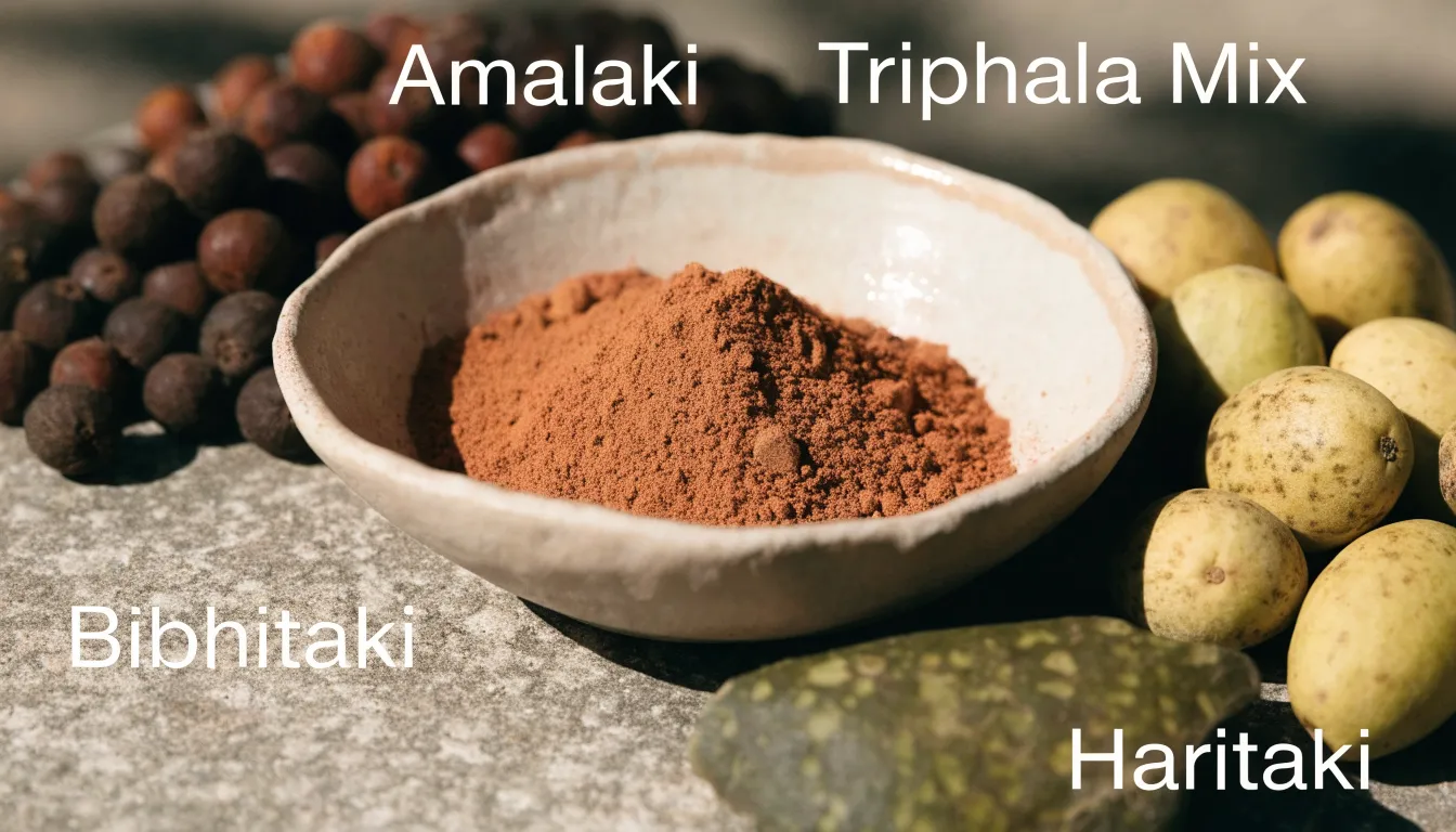 Dried amalaki, bibhitaki, and haritaki fruits with herbal triphala powder in a small dish.