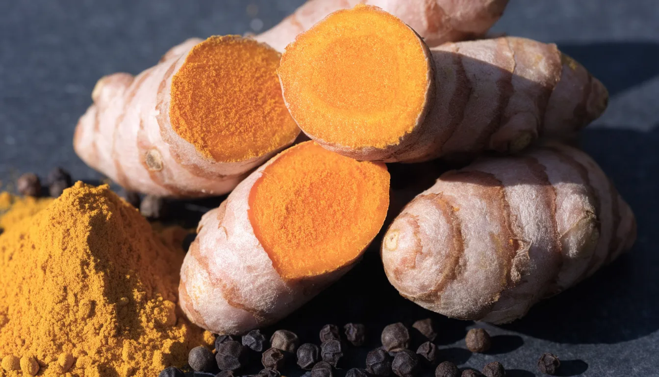 Fresh turmeric root, ground bright yellow turmeric powder, and black peppercorns for joint support.