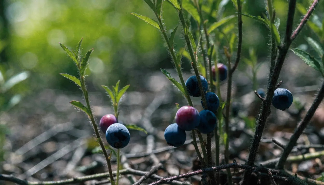 Close-up of wild European bilberries with dark blue skin growing on a low green forest shrub.