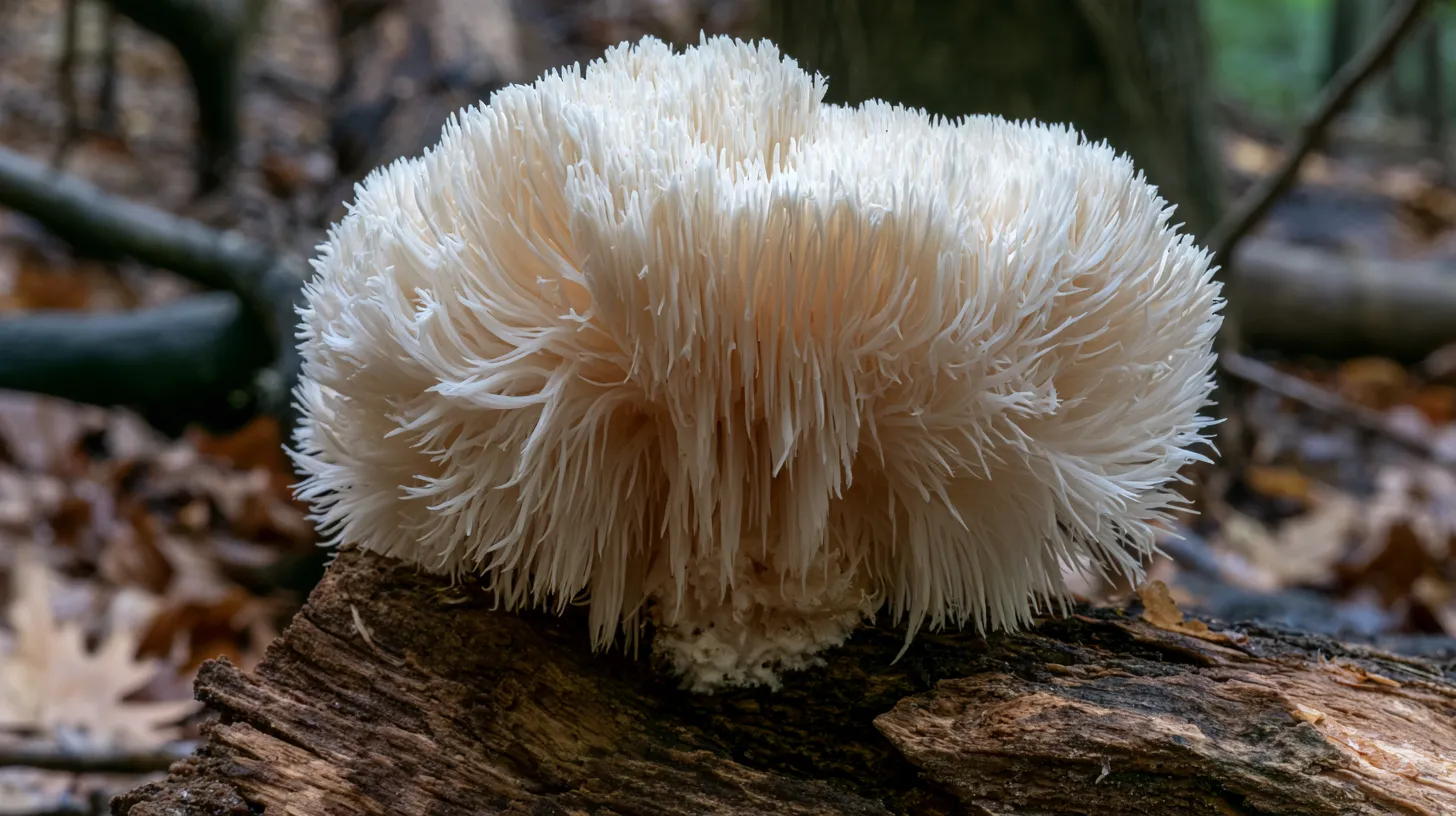 Wild lion's mane mushroom with long cascading white spines growing on hardwood tree bark.