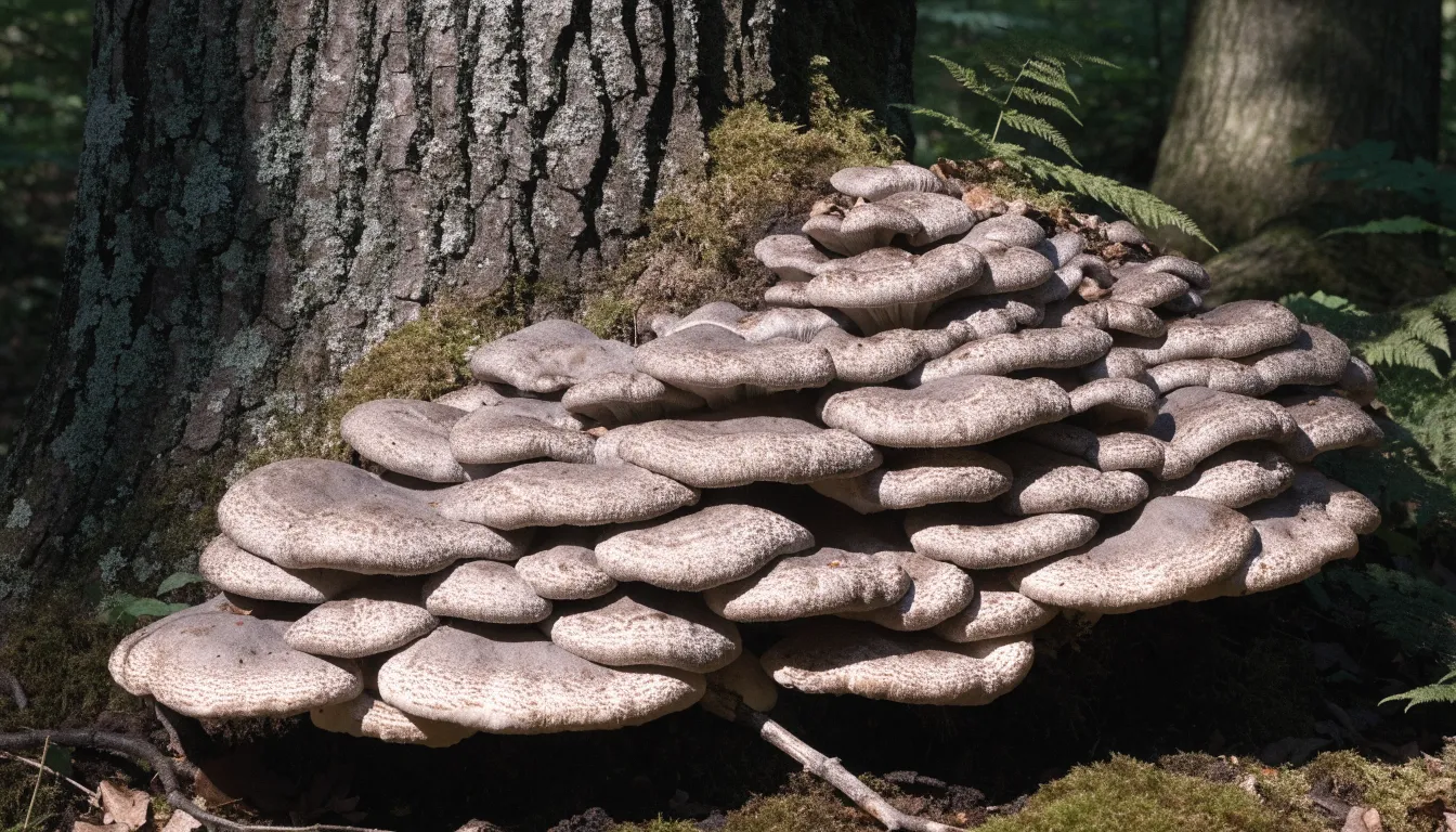Wild maitake mushroom cluster with overlapping ruffled caps growing at the base of an oak tree.