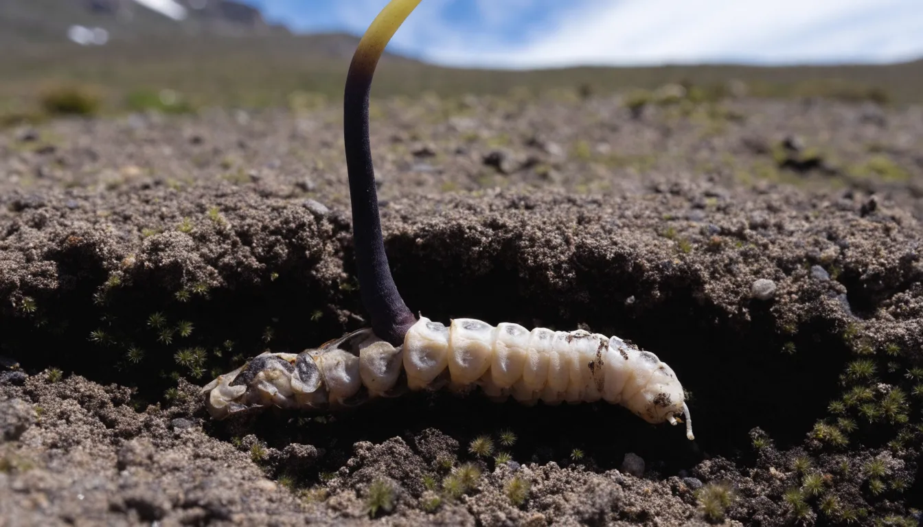 Wild Ophiocordyceps sinensis caterpillar fungus growing in high-altitude Tibetan soil.