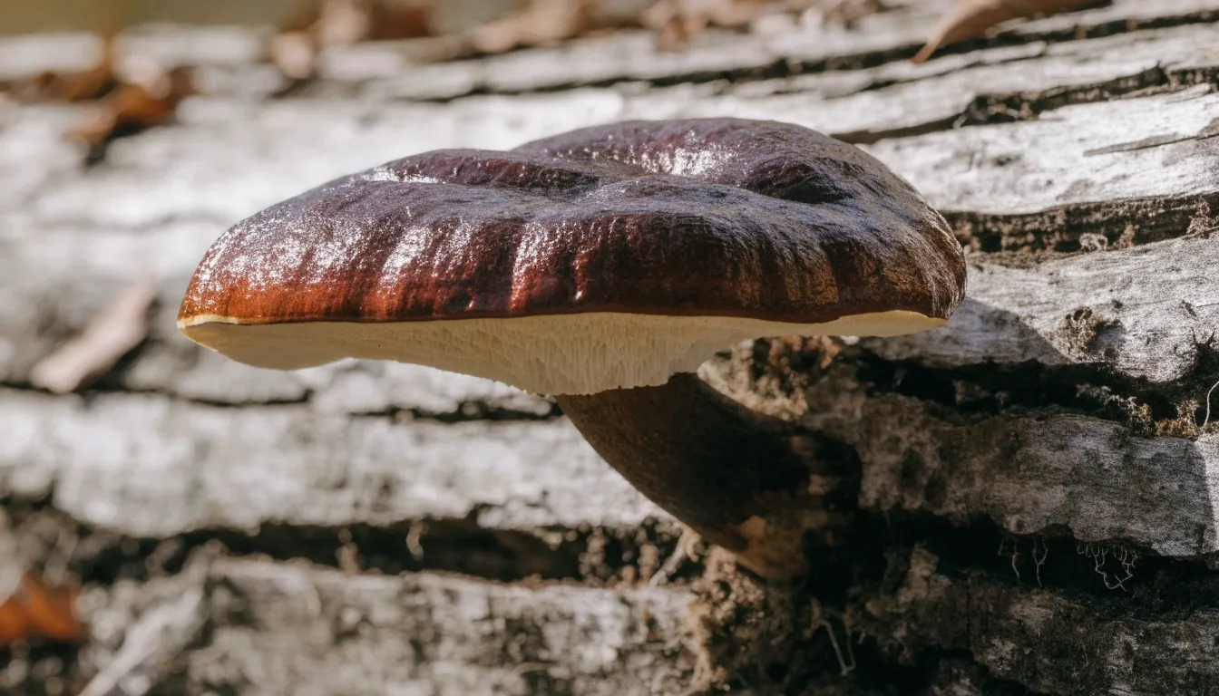 Reddish-brown wild reishi mushroom growing on an oak log showcasing its glossy varnished cap and pale margin.
