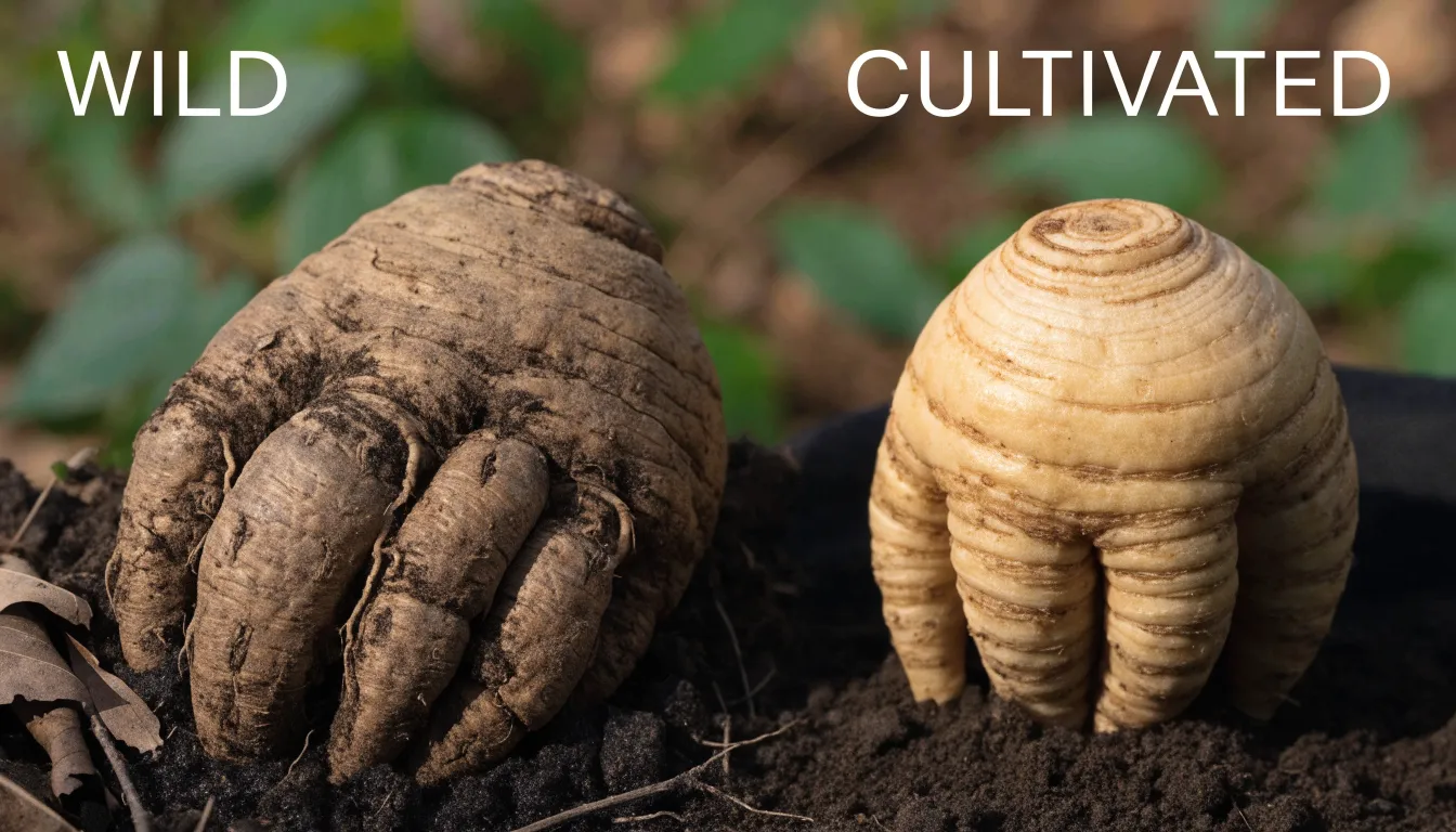 Comparison of wild, woods-grown, and field-cultivated American ginseng roots showing shape and texture