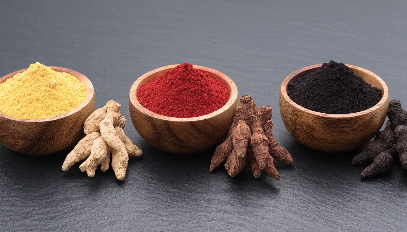 Three small wooden bowls comparing yellow, red, and black maca root powders side by side.